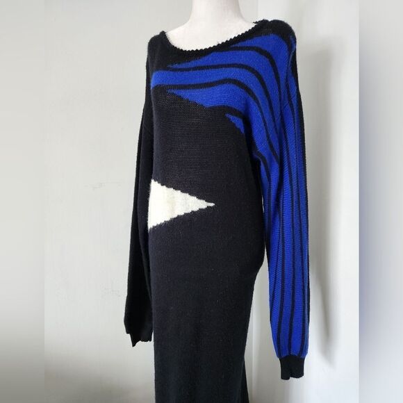 80s Black Knit Sweater Dress Maxi Colorblock Angora - Picture 4 of 9